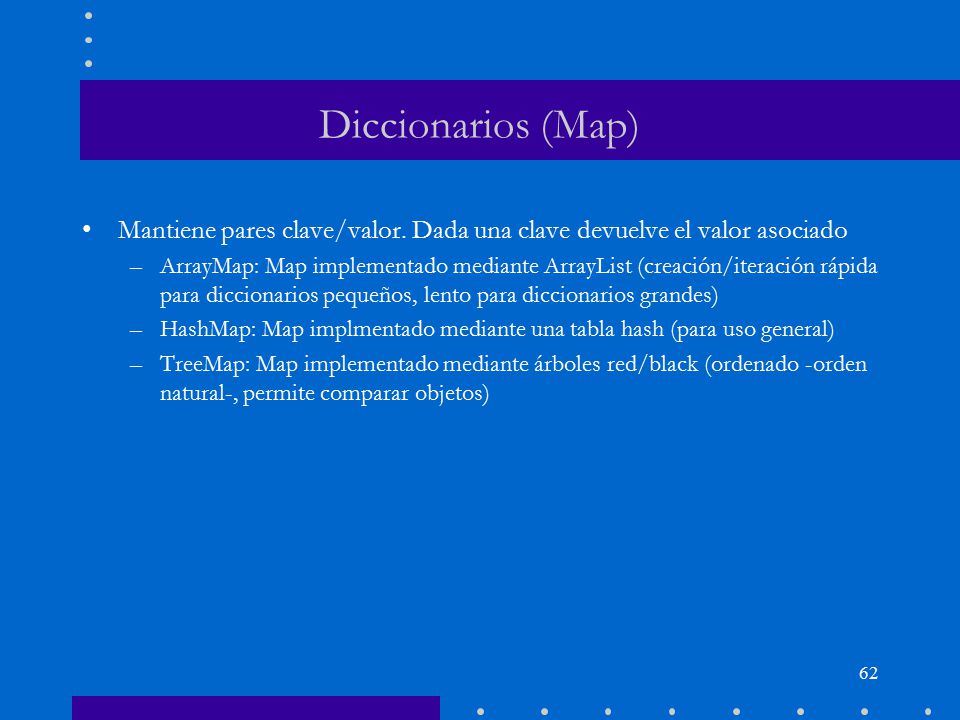 Diccionarios (Map) Mantiene pares clave/valor. Dada una clave devuelve el valor asociado.