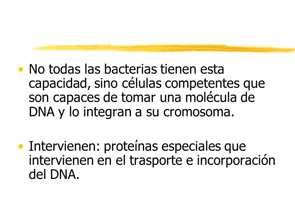 No todas las bacterias tienen esta capacidad, sino células competentes que son capaces de tomar una molécula de DNA y lo integran a su cromosoma.