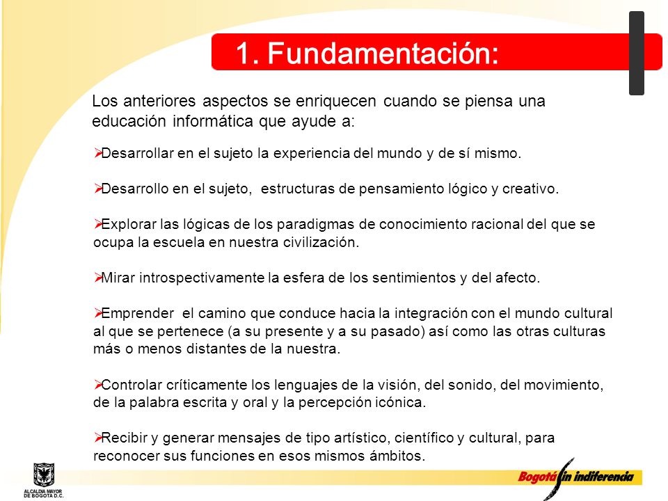 1. Fundamentación: Los anteriores aspectos se enriquecen cuando se piensa una educación informática que ayude a: