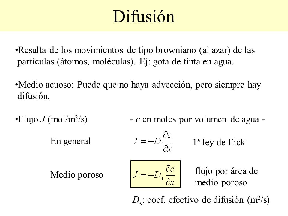 Difusión Resulta de los movimientos de tipo browniano (al azar) de las