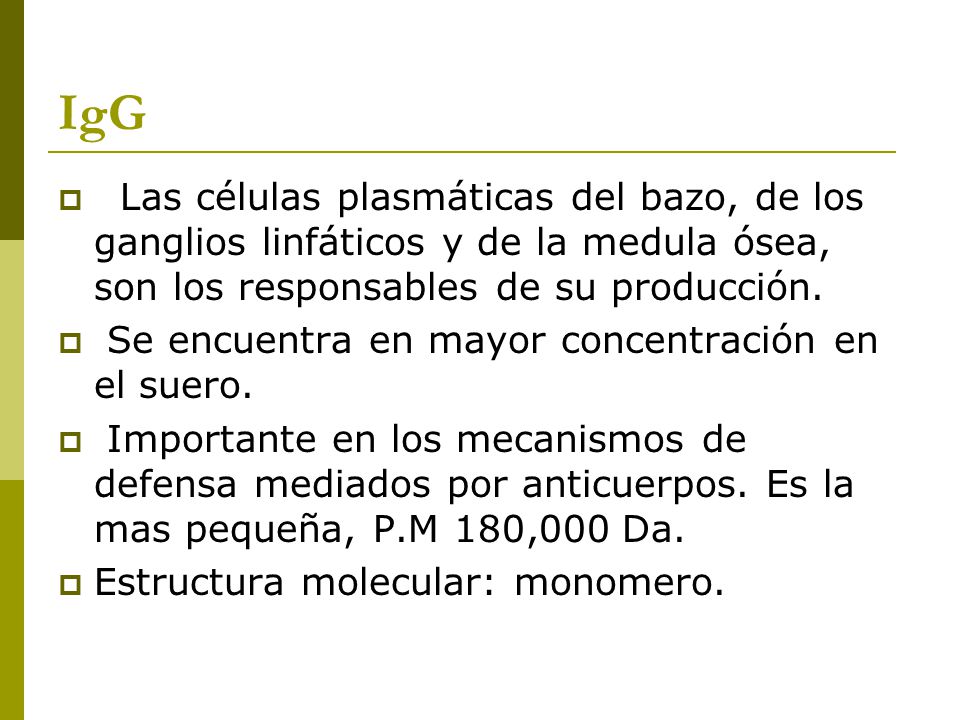 IgG Las células plasmáticas del bazo, de los ganglios linfáticos y de la medula ósea, son los responsables de su producción.