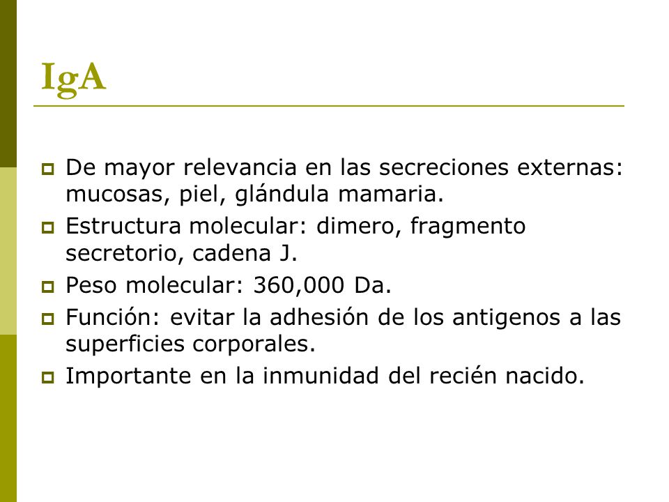 IgA De mayor relevancia en las secreciones externas: mucosas, piel, glándula mamaria. Estructura molecular: dimero, fragmento secretorio, cadena J.