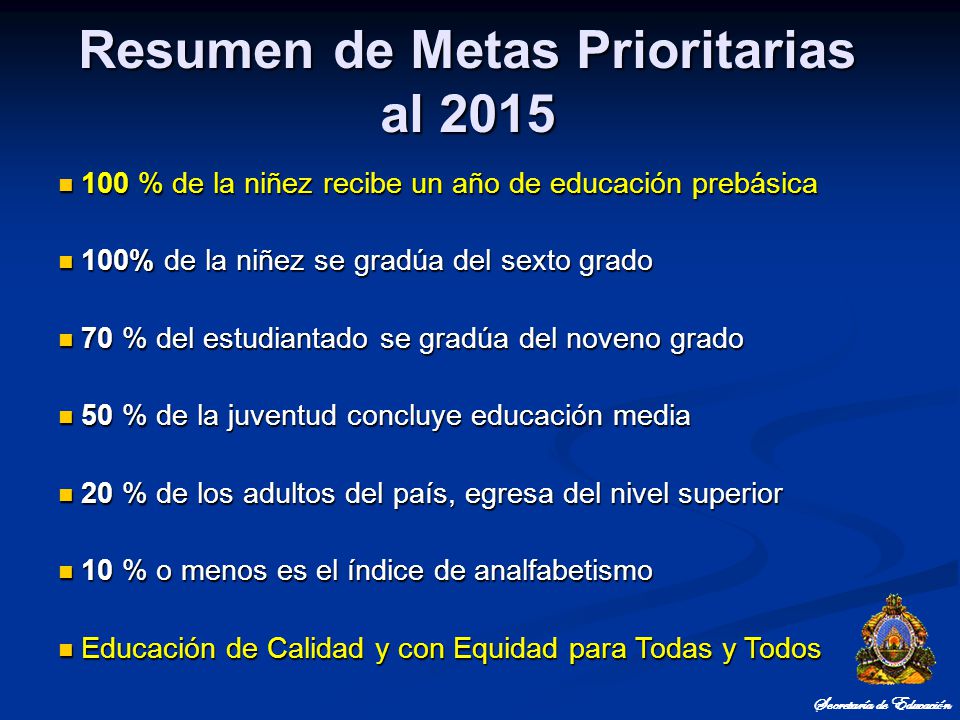 Resumen de Metas Prioritarias al 2015 Secretaría de Educación