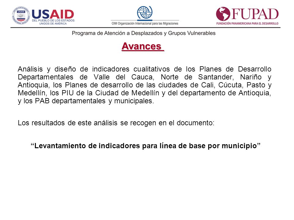 Levantamiento de indicadores para línea de base por municipio