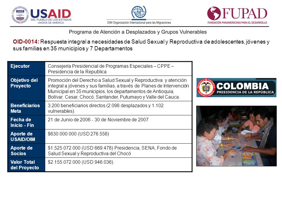 OID-0014: Respuesta integral a necesidades de Salud Sexual y Reproductiva de adolescentes, jóvenes y sus familias en 35 municipios y 7 Departamentos