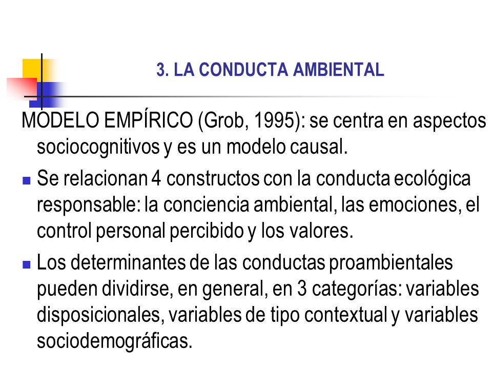 3. LA CONDUCTA AMBIENTAL MODELO EMPÍRICO (Grob, 1995): se centra en aspectos sociocognitivos y es un modelo causal.