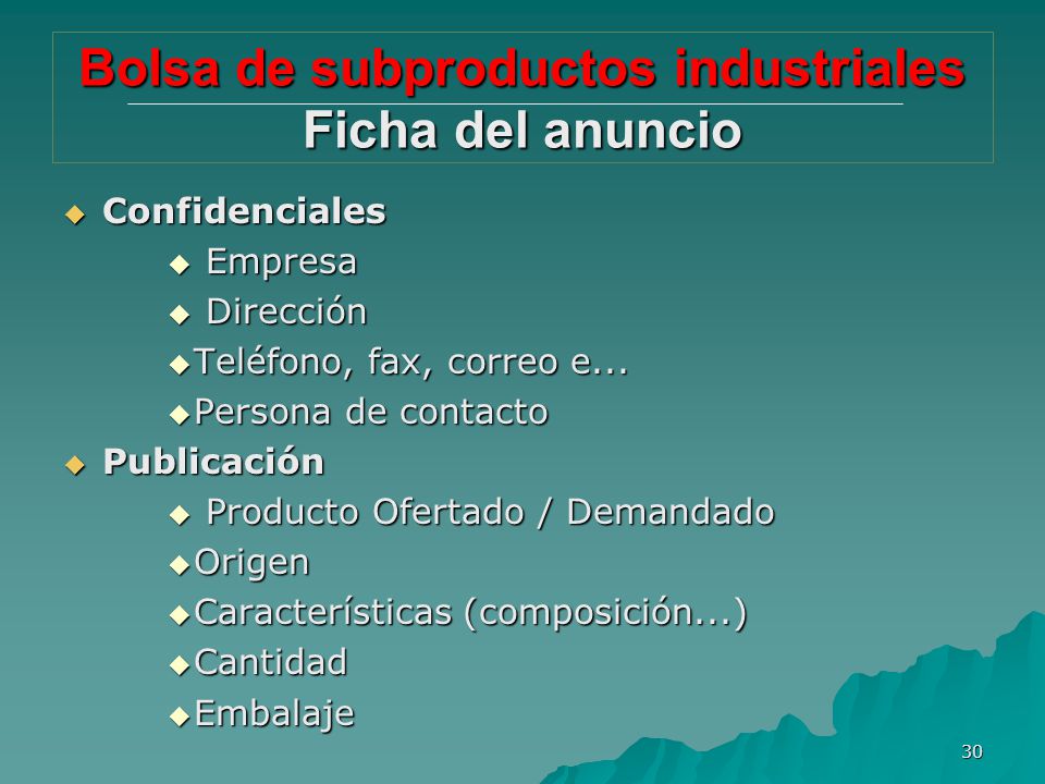 Bolsa de subproductos industriales Ficha del anuncio