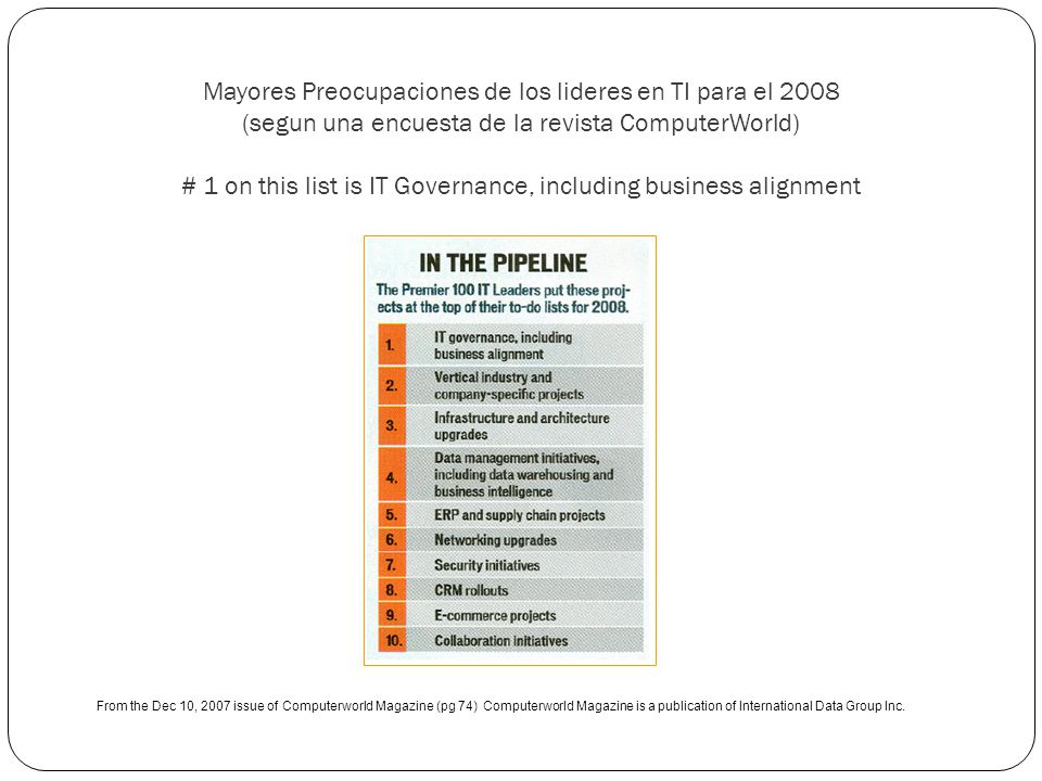Mayores Preocupaciones de los lideres en TI para el 2008 (segun una encuesta de la revista ComputerWorld) # 1 on this list is IT Governance, including business alignment