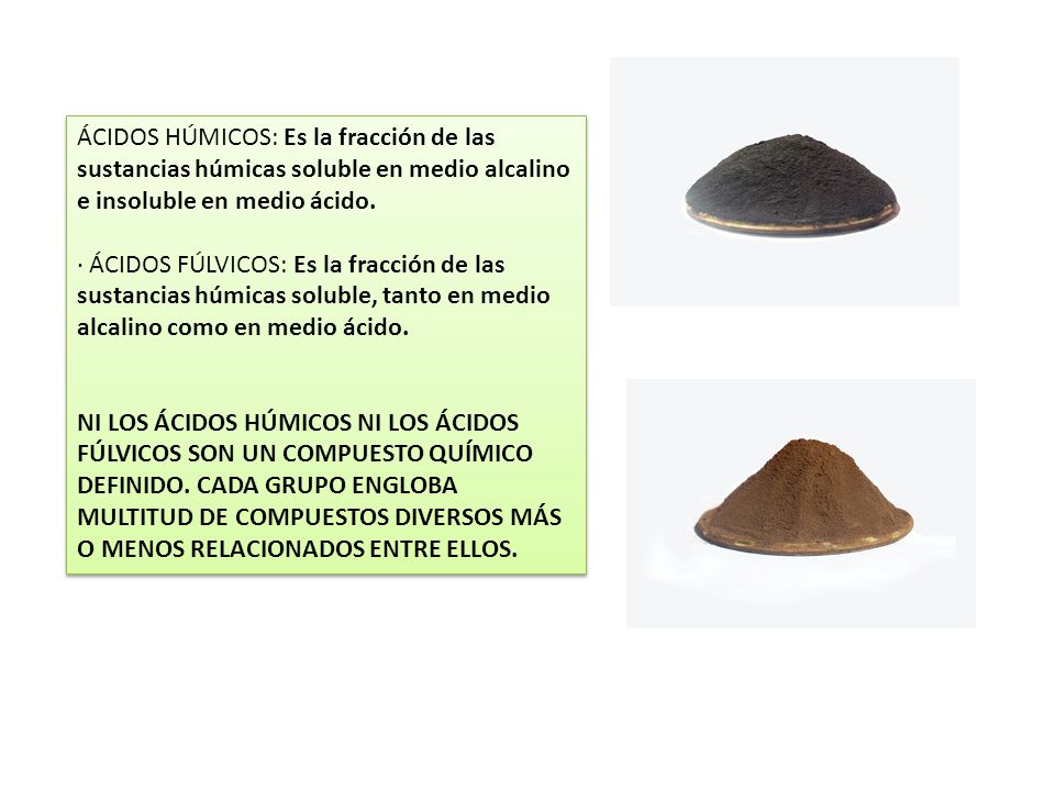 ÁCIDOS HÚMICOS: Es la fracción de las sustancias húmicas soluble en medio alcalino e insoluble en medio ácido.