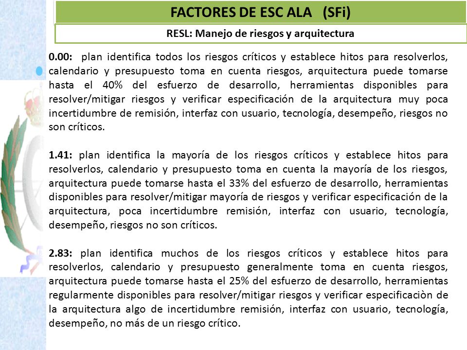 FACTORES DE ESC ALA (SFi) RESL: Manejo de riesgos y arquitectura