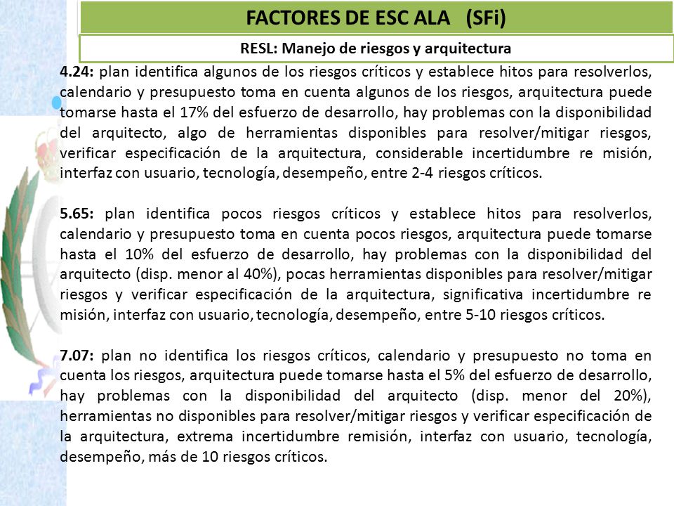 FACTORES DE ESC ALA (SFi) RESL: Manejo de riesgos y arquitectura