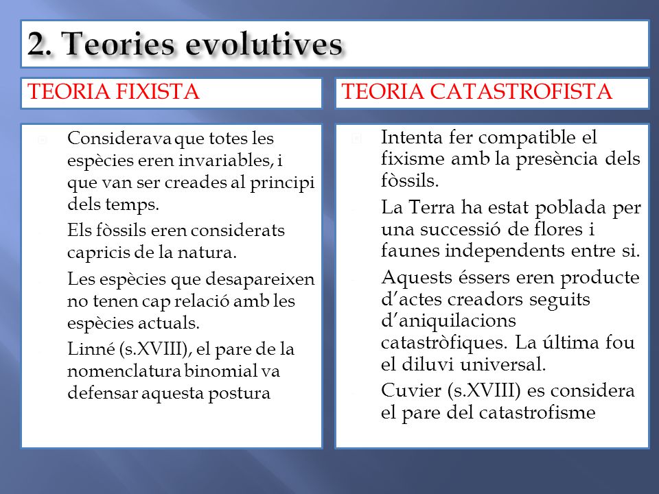 2. Teories evolutives Teoria fixista Teoria catastrofista