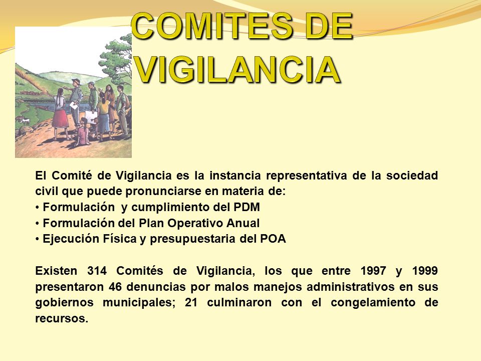 COMITES DE VIGILANCIA El Comité de Vigilancia es la instancia representativa de la sociedad civil que puede pronunciarse en materia de:
