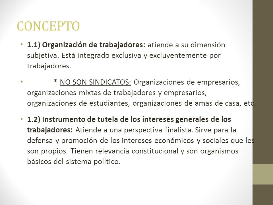 CONCEPTO 1.1) Organización de trabajadores: atiende a su dimensión subjetiva. Está integrado exclusiva y excluyentemente por trabajadores.