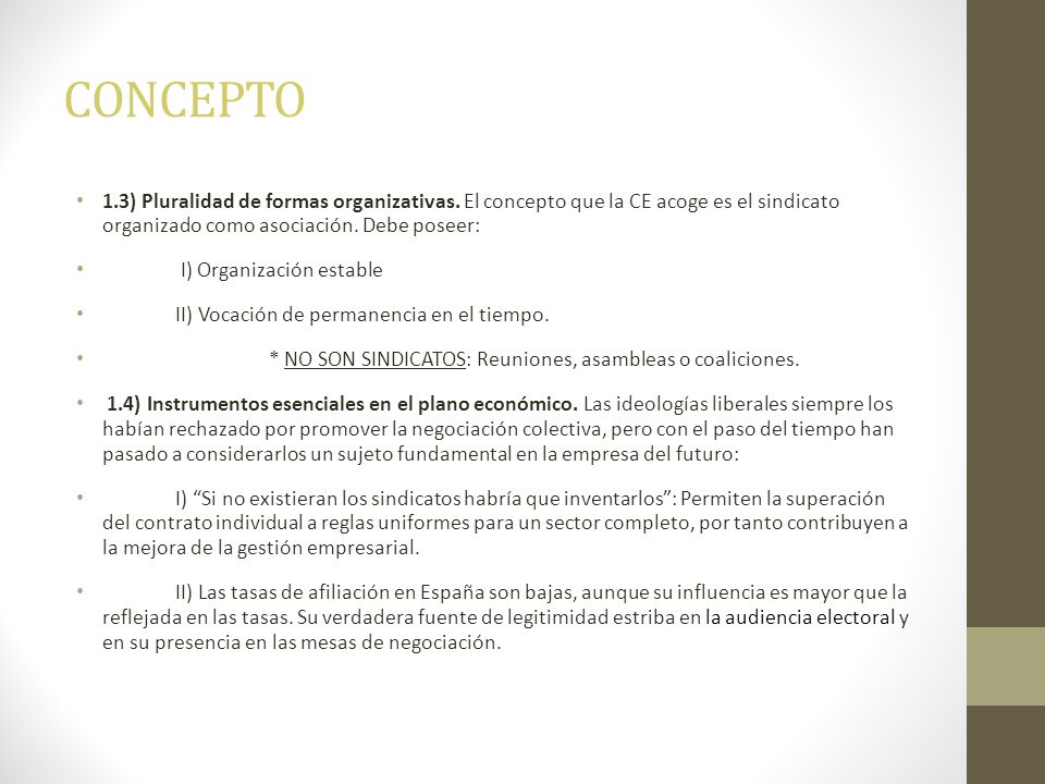 CONCEPTO 1.3) Pluralidad de formas organizativas. El concepto que la CE acoge es el sindicato organizado como asociación. Debe poseer: