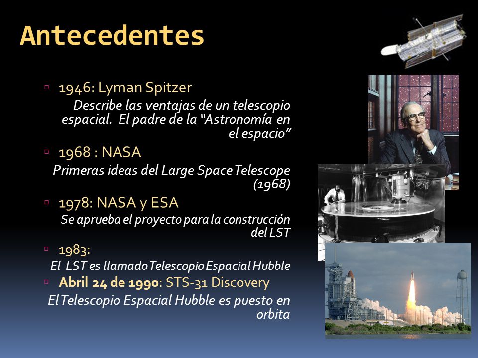 Antecedentes 1946: Lyman Spitzer 1968 : NASA 1978: NASA y ESA