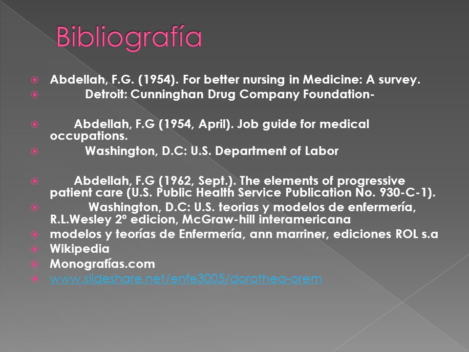 Bibliografía Abdellah, F.G. (1954). For better nursing in Medicine: A survey. Detroit: Cunninghan Drug Company Foundation-