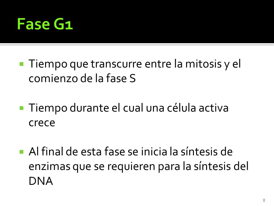 Fase G1 Tiempo que transcurre entre la mitosis y el comienzo de la fase S. Tiempo durante el cual una célula activa crece.