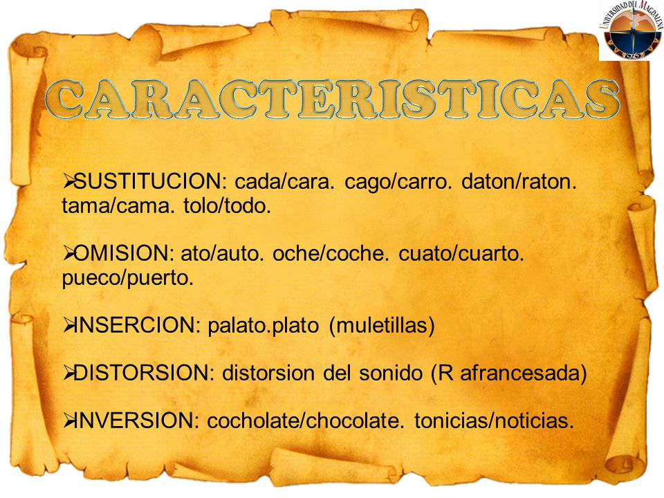 CARACTERISTICAS SUSTITUCION: cada/cara. cago/carro. daton/raton. tama/cama. tolo/todo. OMISION: ato/auto. oche/coche. cuato/cuarto. pueco/puerto.