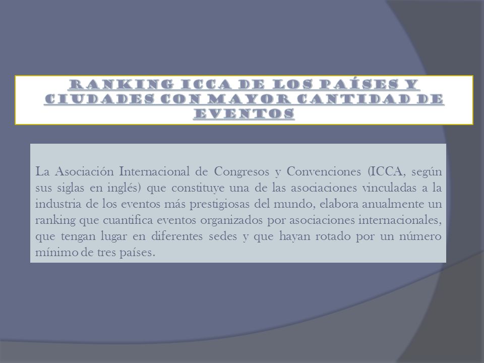 RANKING ICCA DE LOS PAÍSES Y CIUDADES CON MAYOR CANTIDAD DE EVENTOS
