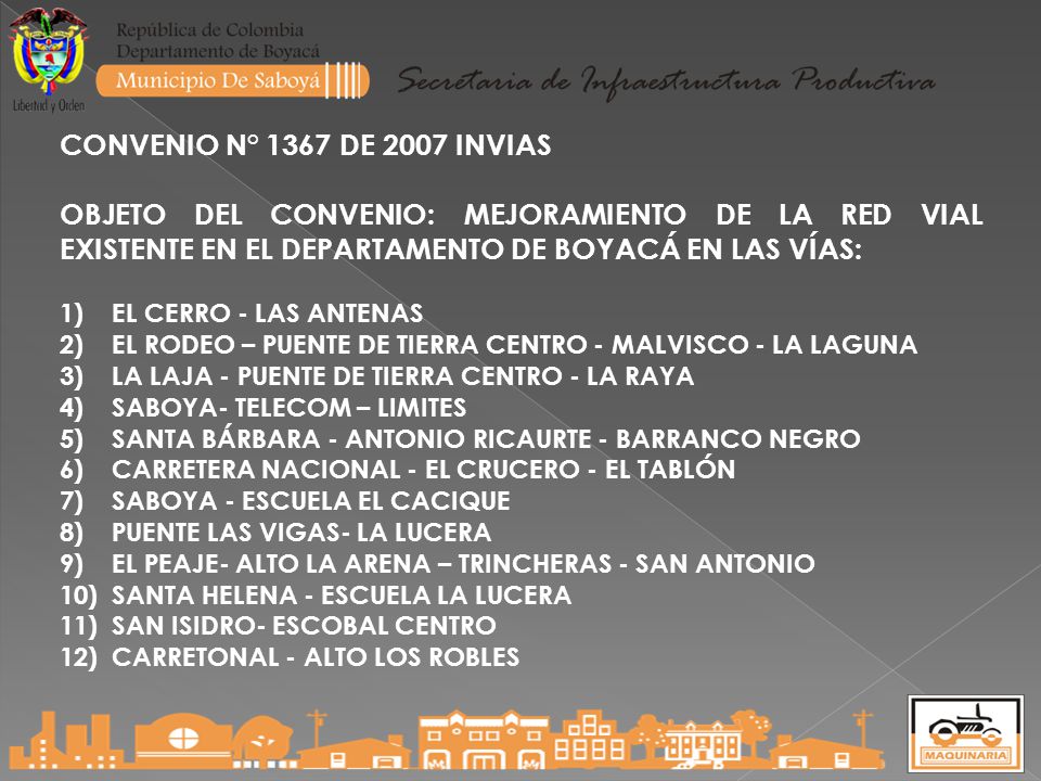 CONVENIO N° 1367 DE 2007 INVIAS OBJETO DEL CONVENIO: MEJORAMIENTO DE LA RED VIAL EXISTENTE EN EL DEPARTAMENTO DE BOYACÁ EN LAS VÍAS: