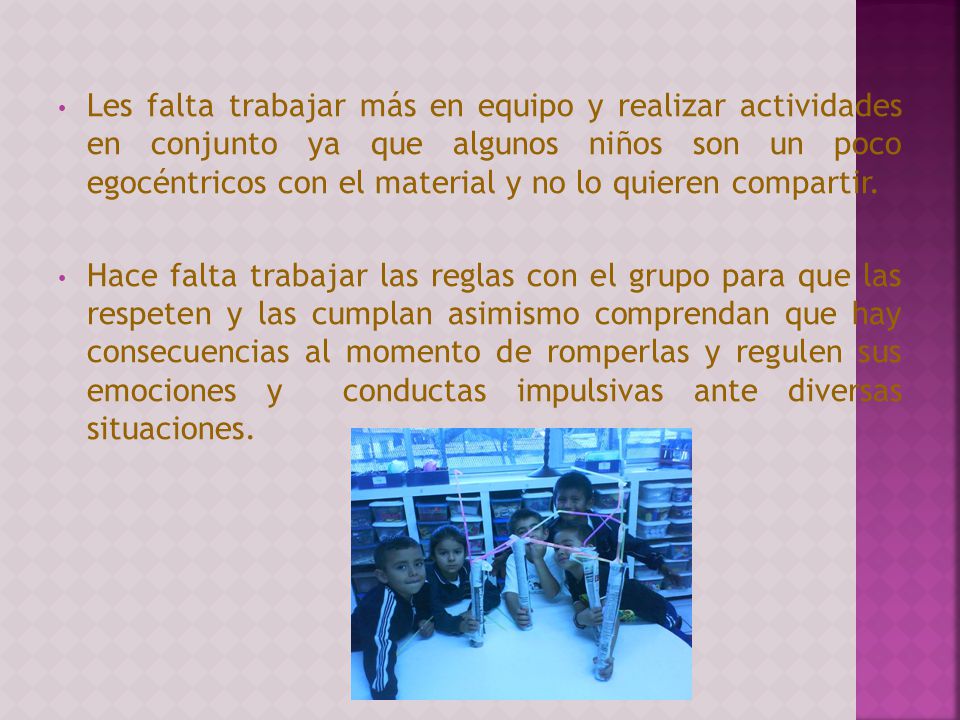 Les falta trabajar más en equipo y realizar actividades en conjunto ya que algunos niños son un poco egocéntricos con el material y no lo quieren compartir.
