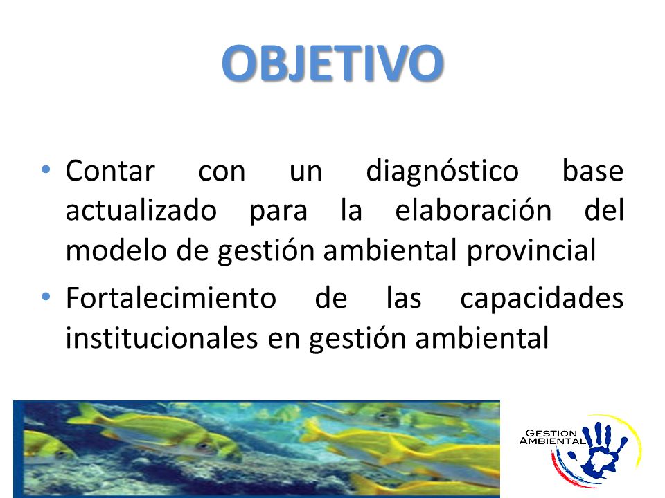 OBJETIVO Contar con un diagnóstico base actualizado para la elaboración del modelo de gestión ambiental provincial.