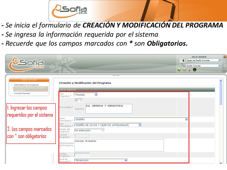 - Se inicia el formulario de CREACIÓN Y MODIFICACIÓN DEL PROGRAMA