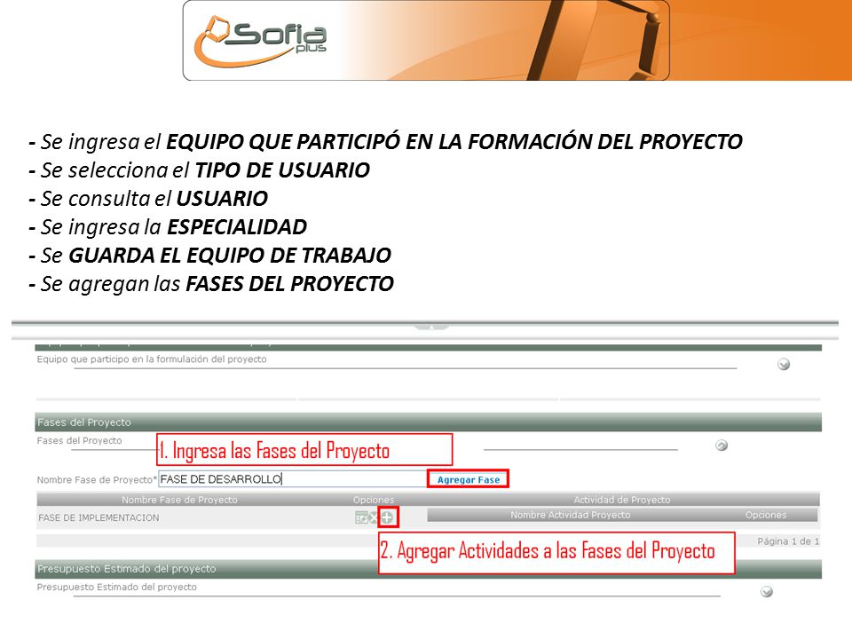 - Se ingresa el EQUIPO QUE PARTICIPÓ EN LA FORMACIÓN DEL PROYECTO - Se selecciona el TIPO DE USUARIO - Se consulta el USUARIO - Se ingresa la ESPECIALIDAD - Se GUARDA EL EQUIPO DE TRABAJO - Se agregan las FASES DEL PROYECTO