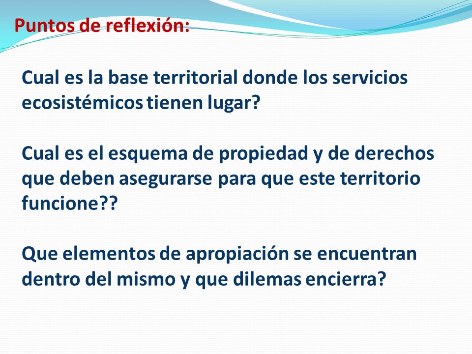 Puntos de reflexión: Cual es la base territorial donde los servicios ecosistémicos tienen lugar