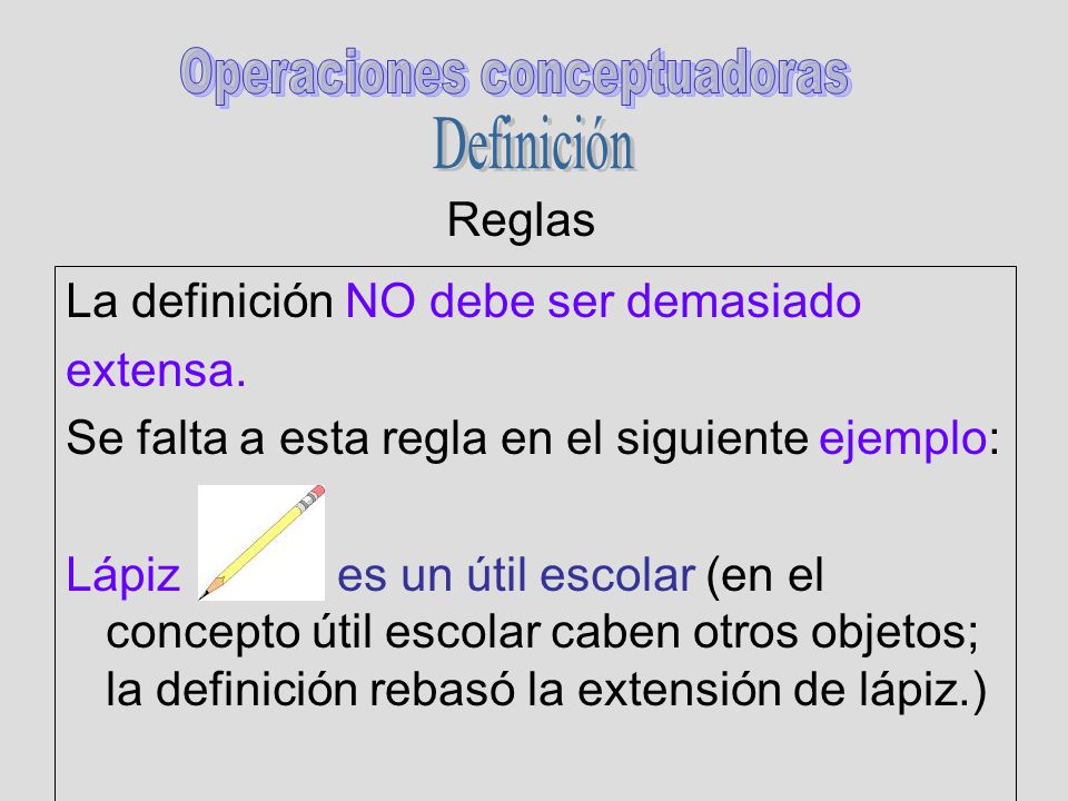 Reglas Definición. La definición NO debe ser demasiado. extensa. Se falta a esta regla en el siguiente ejemplo:
