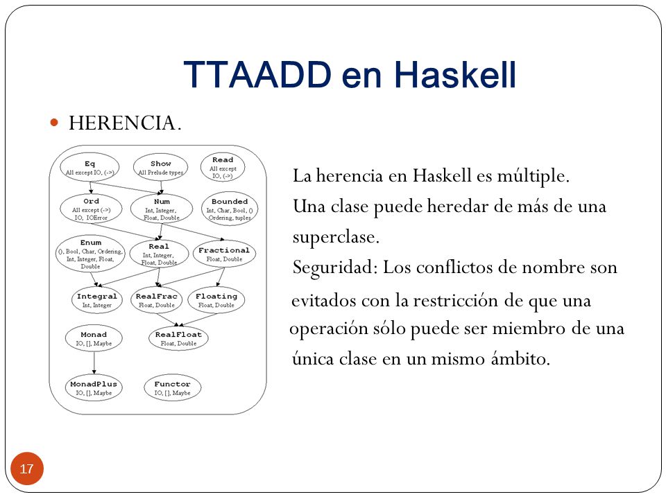 TTAADD en Haskell HERENCIA. La herencia en Haskell es múltiple. Una clase puede heredar de más de una.