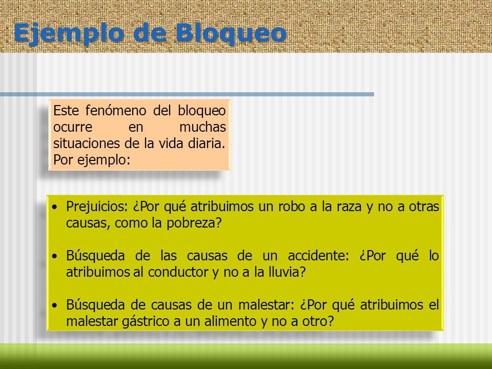 Ejemplo de Bloqueo Este fenómeno del bloqueo ocurre en muchas situaciones de la vida diaria. Por ejemplo: