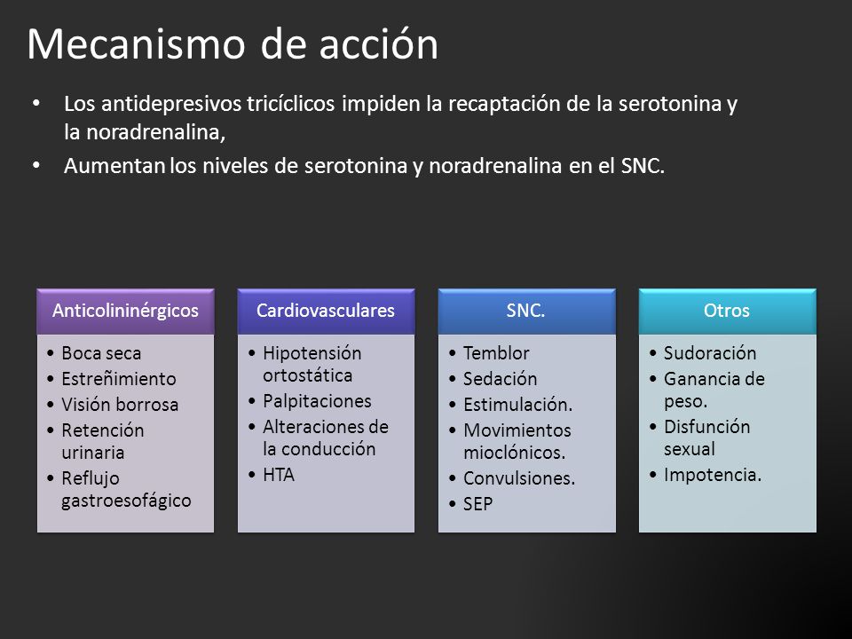 Mecanismo de acción Los antidepresivos tricíclicos impiden la recaptación de la serotonina y la noradrenalina,