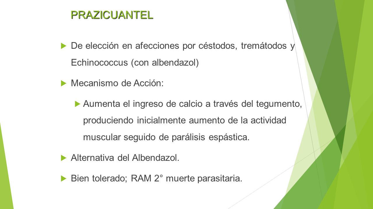 PRAZICUANTEL De elección en afecciones por céstodos, tremátodos y Echinococcus (con albendazol) Mecanismo de Acción:
