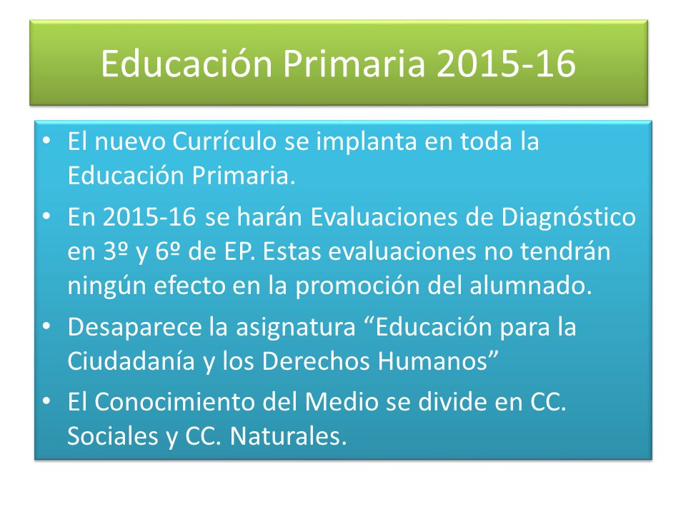 Educación Primaria El nuevo Currículo se implanta en toda la Educación Primaria.