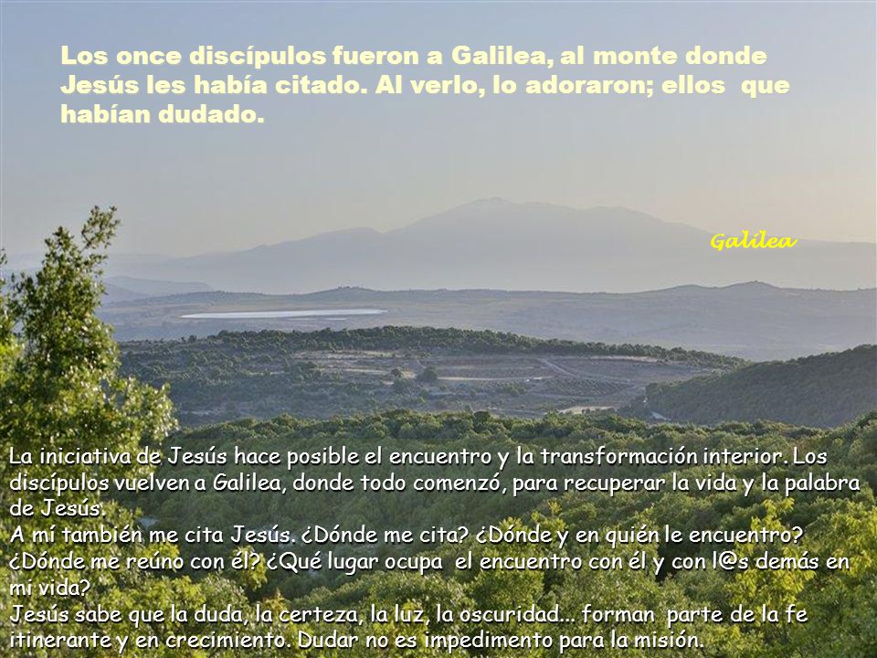 Los once discípulos fueron a Galilea, al monte donde Jesús les había citado. Al verlo, lo adoraron; ellos que habían dudado.