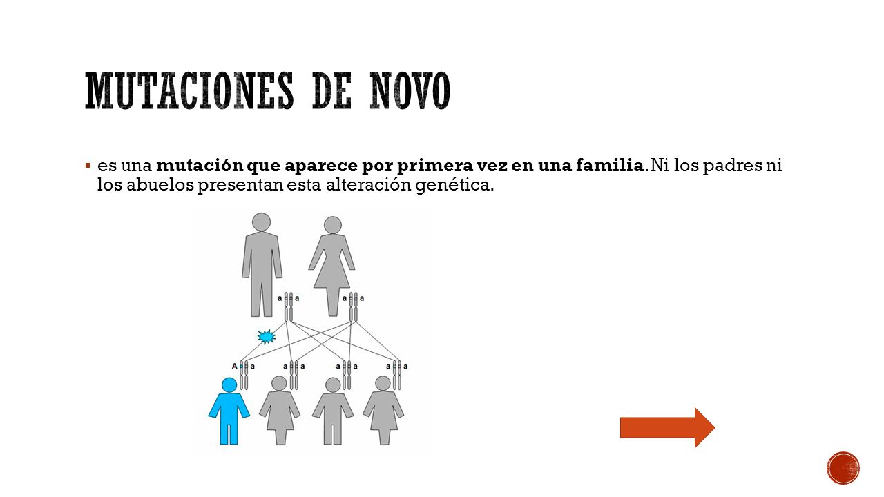 Mutaciones de novo es una mutación que aparece por primera vez en una familia.