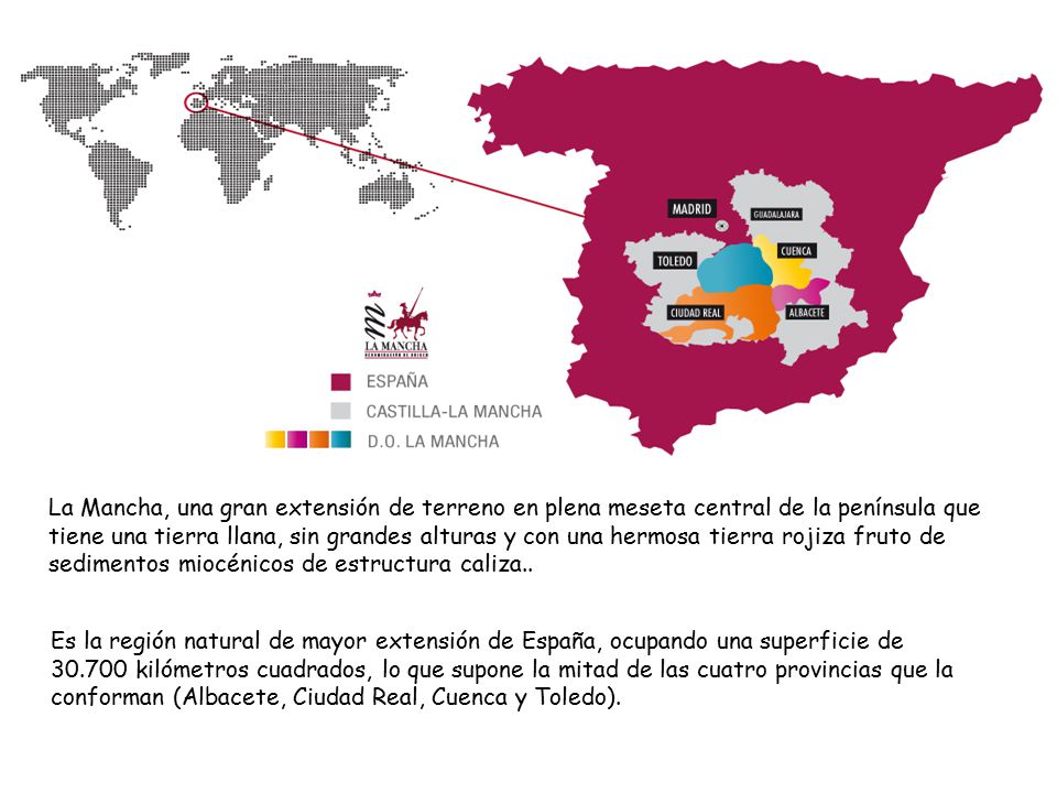 La Mancha, una gran extensión de terreno en plena meseta central de la península que tiene una tierra llana, sin grandes alturas y con una hermosa tierra rojiza fruto de sedimentos miocénicos de estructura caliza..
