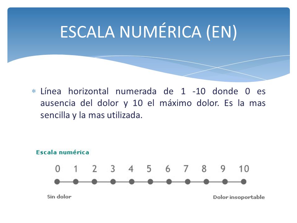 ESCALA NUMÉRICA (EN) Línea horizontal numerada de donde 0 es ausencia del dolor y 10 el máximo dolor.