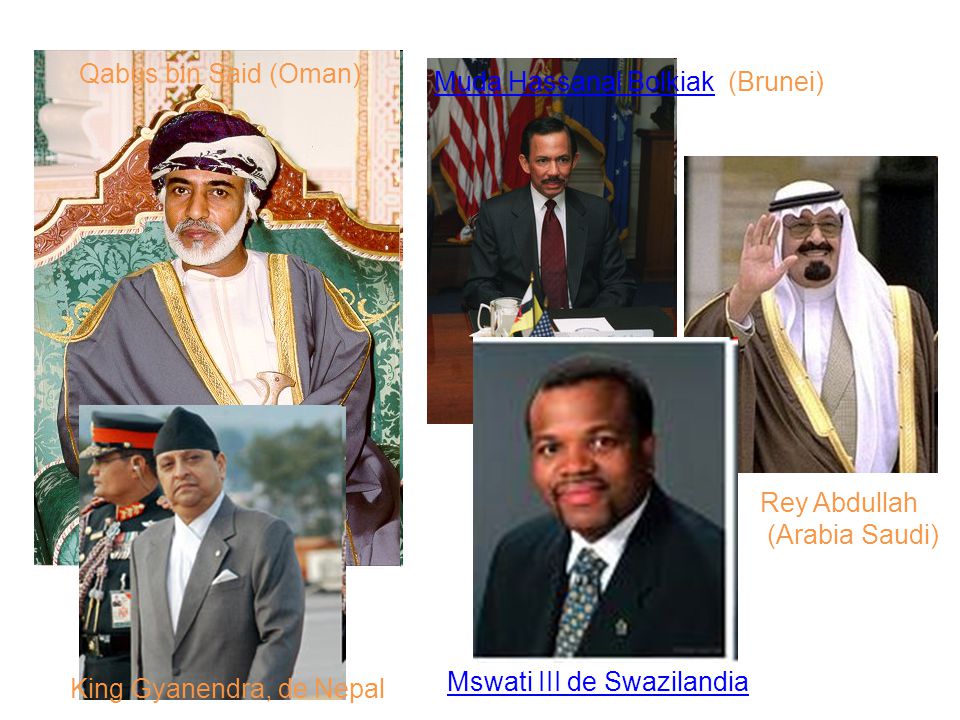 Qabus bin Said (Oman) Muda Hassanal Bolkiak (Brunei) Rey Abdullah. (Arabia Saudi) Mswati III de Swazilandia.