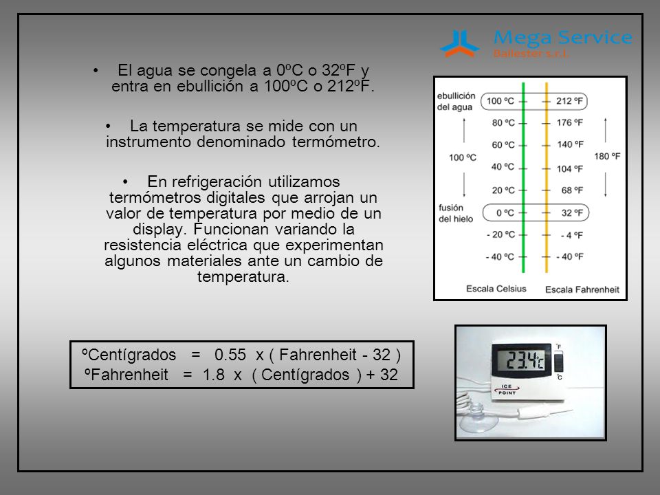 El agua se congela a 0ºC o 32ºF y entra en ebullición a 100ºC o 212ºF.