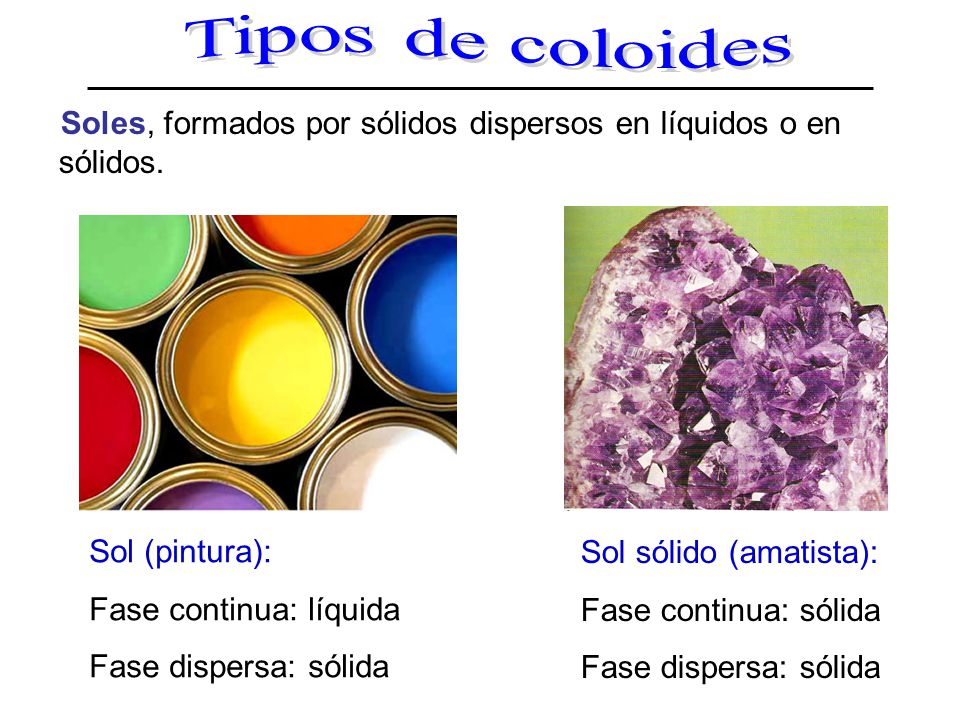 Tipos de coloides Soles, formados por sólidos dispersos en líquidos o en sólidos. Sol (pintura): Fase continua: líquida.