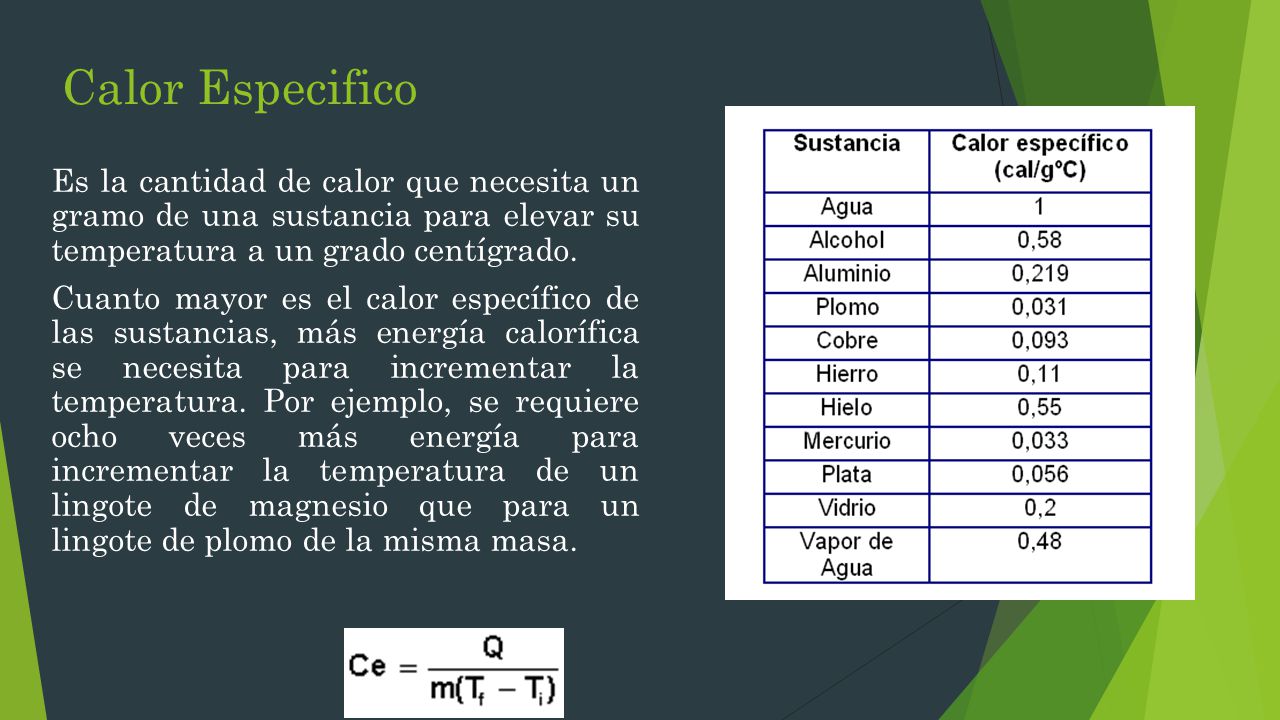 Calor Especifico Es la cantidad de calor que necesita un gramo de una sustancia para elevar su temperatura a un grado centígrado.