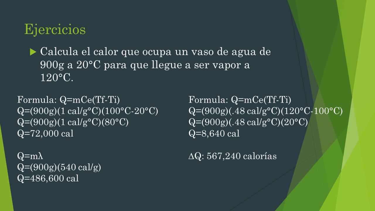 Ejercicios Calcula el calor que ocupa un vaso de agua de 900g a 20°C para que llegue a ser vapor a 120°C.