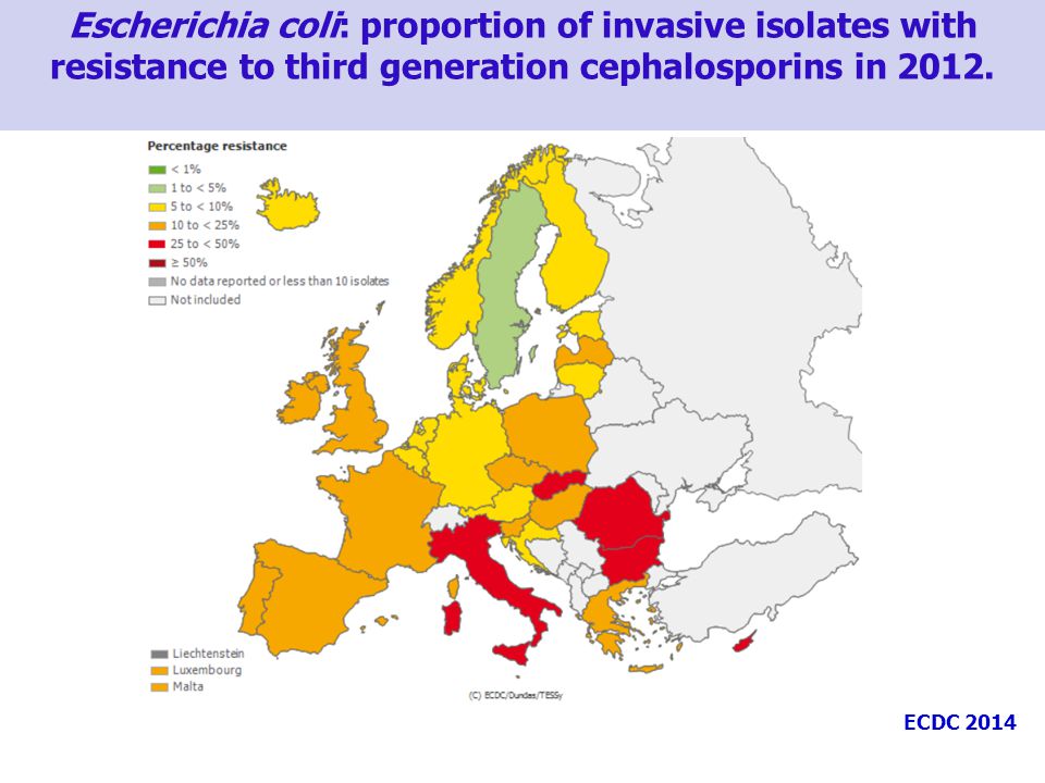 Escherichia coli: proportion of invasive isolates with resistance to third generation cephalosporins in 2012.