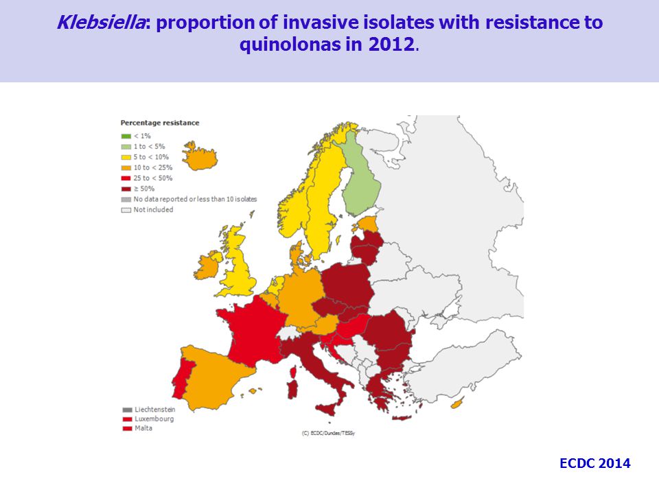 Klebsiella: proportion of invasive isolates with resistance to quinolonas in 2012.