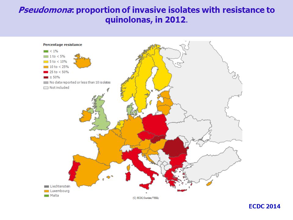 Pseudomona: proportion of invasive isolates with resistance to quinolonas, in 2012.