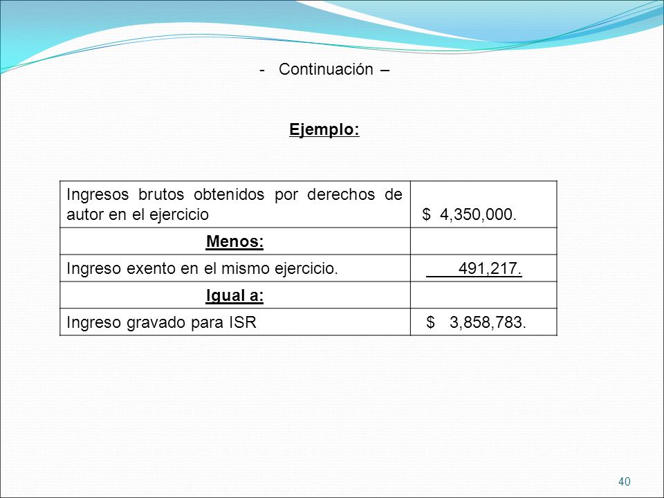 Continuación – Ejemplo: Ingresos brutos obtenidos por derechos de autor en el ejercicio. $ 4,350,000.