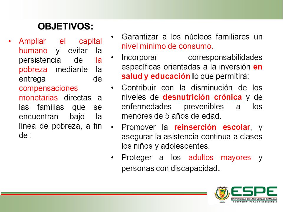 OBJETIVOS: Garantizar a los núcleos familiares un nivel mínimo de consumo.
